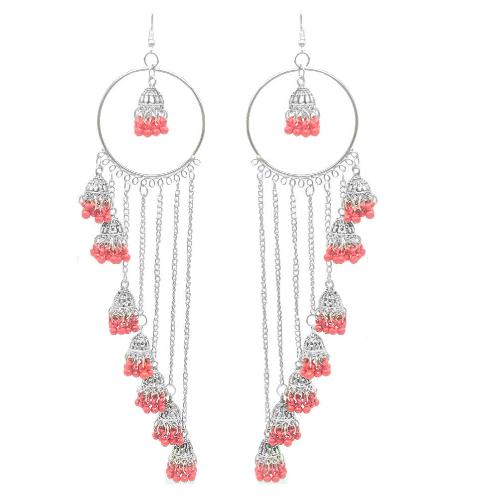 Yellow Chimes German Silver Oxidized Kashmiri Style Bali Traditional Jhumka Jhumki Earrings for Women and Girls (Pink)