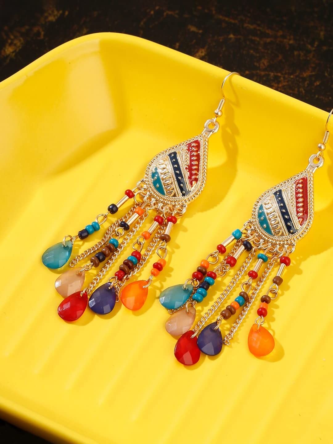 Yellow Chimes Earrings for Women and Girls Multicolor Dangler Earrings | Gold Plated Long Beaded Tassel Earrings Bohemia Dangler Earrings| Birthday Gift for girls and women Anniversary Gift for Wife