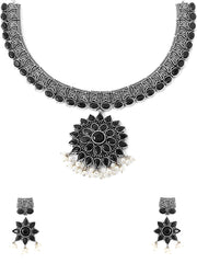 Yellow Chimes Oxidised Silver Jewellary Set for Women Ethnic Black Stone Studed Choker Necklace Set for Women And Girls