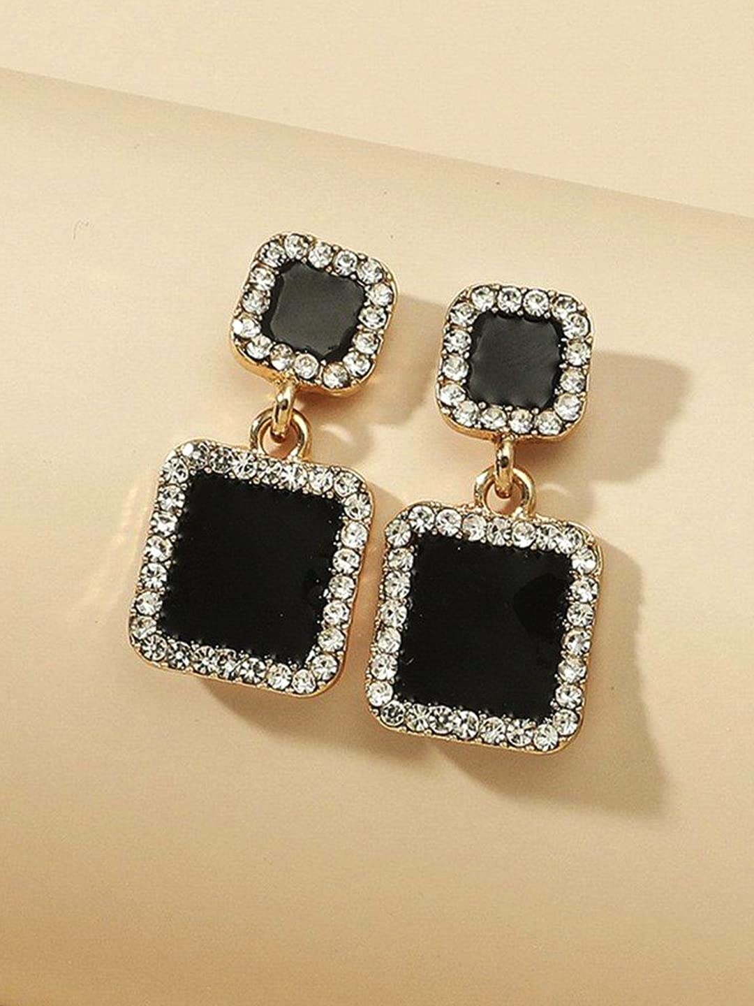 Yellow Chimes Earrings For Women Gold Tone Crystal Black color Rectangular Shape Stud Drop Earrings For Women and Girls