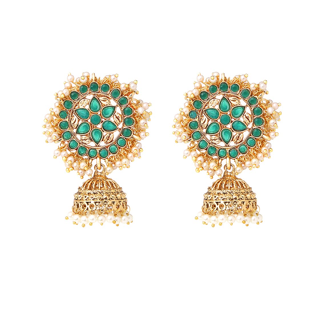 Yellow Chimes Ethnic Gold Plated Flower Design Pearl Moti Green Jhumka Earrings for Women and Girls, Medium (YCTJER-MOTFLW-GR)