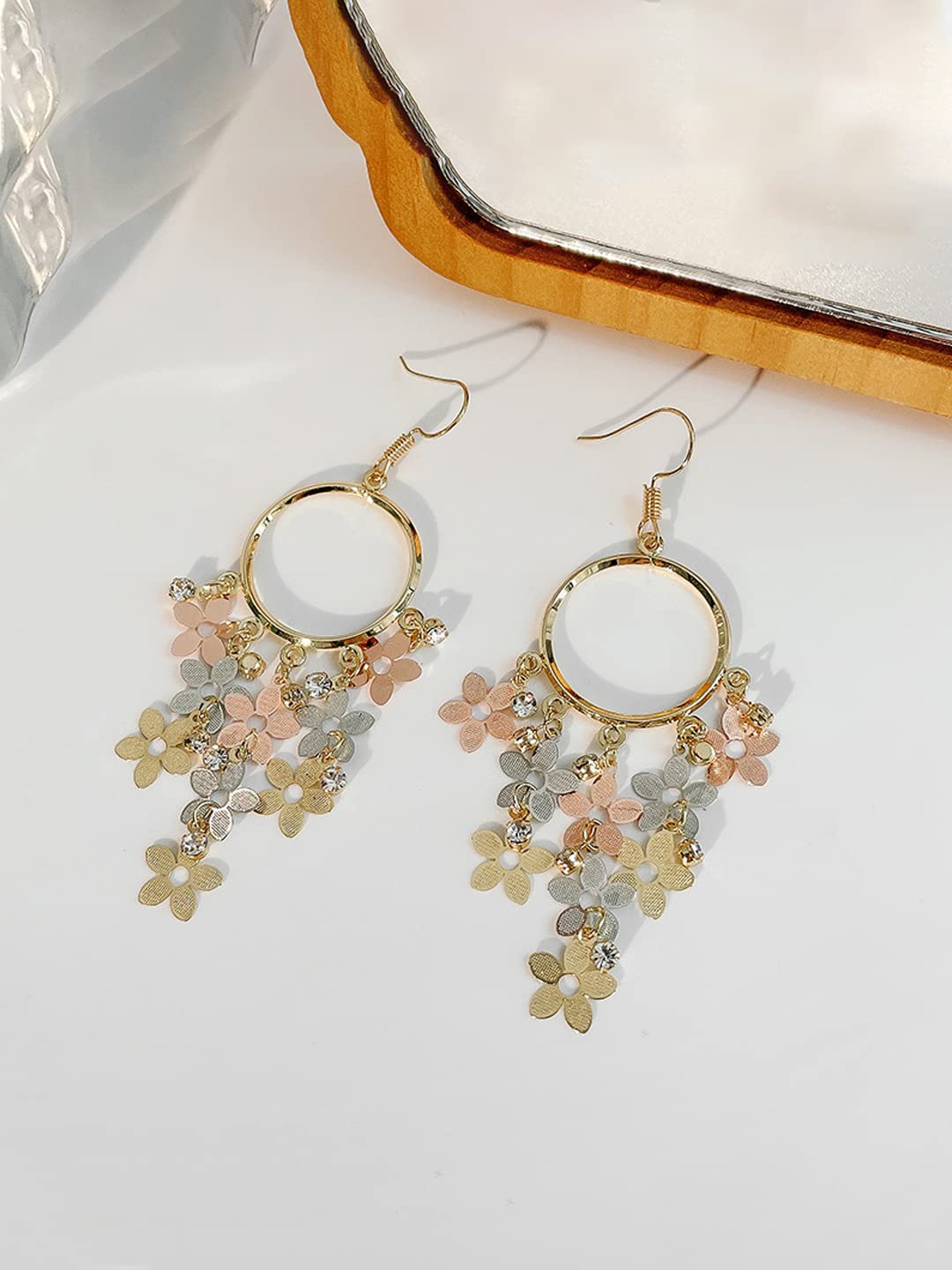 Yellow Chimes Earrings For Women Gold Tone Open Circle Crystal Flower Hanging Hook Drop Earrings For Women and Girls