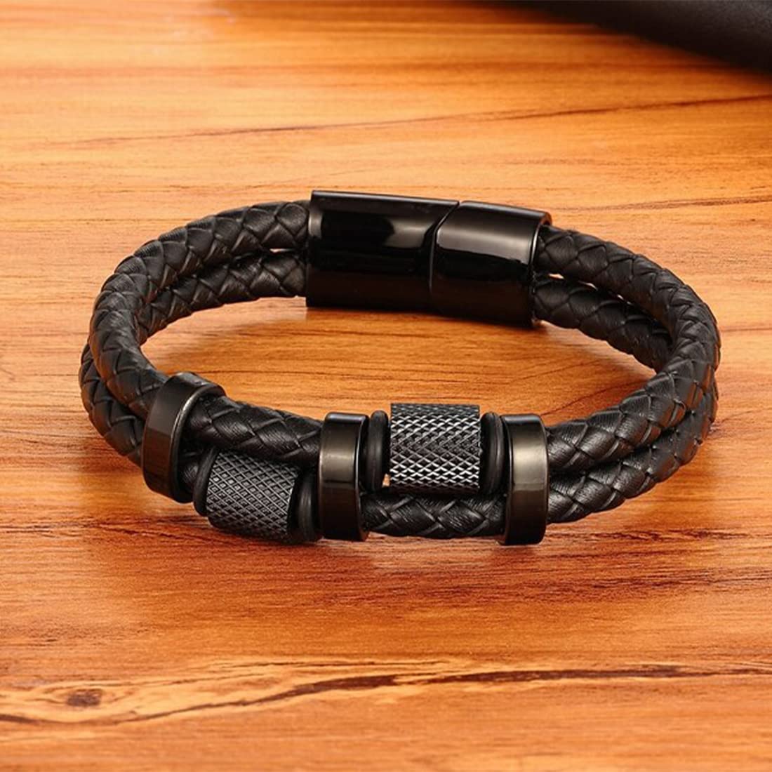 Yellow Chimes Handcrafted Braided Black Genuine Leather Magnetic-Clasp Wrist Wrap Band Bracelet for Men and Boys
