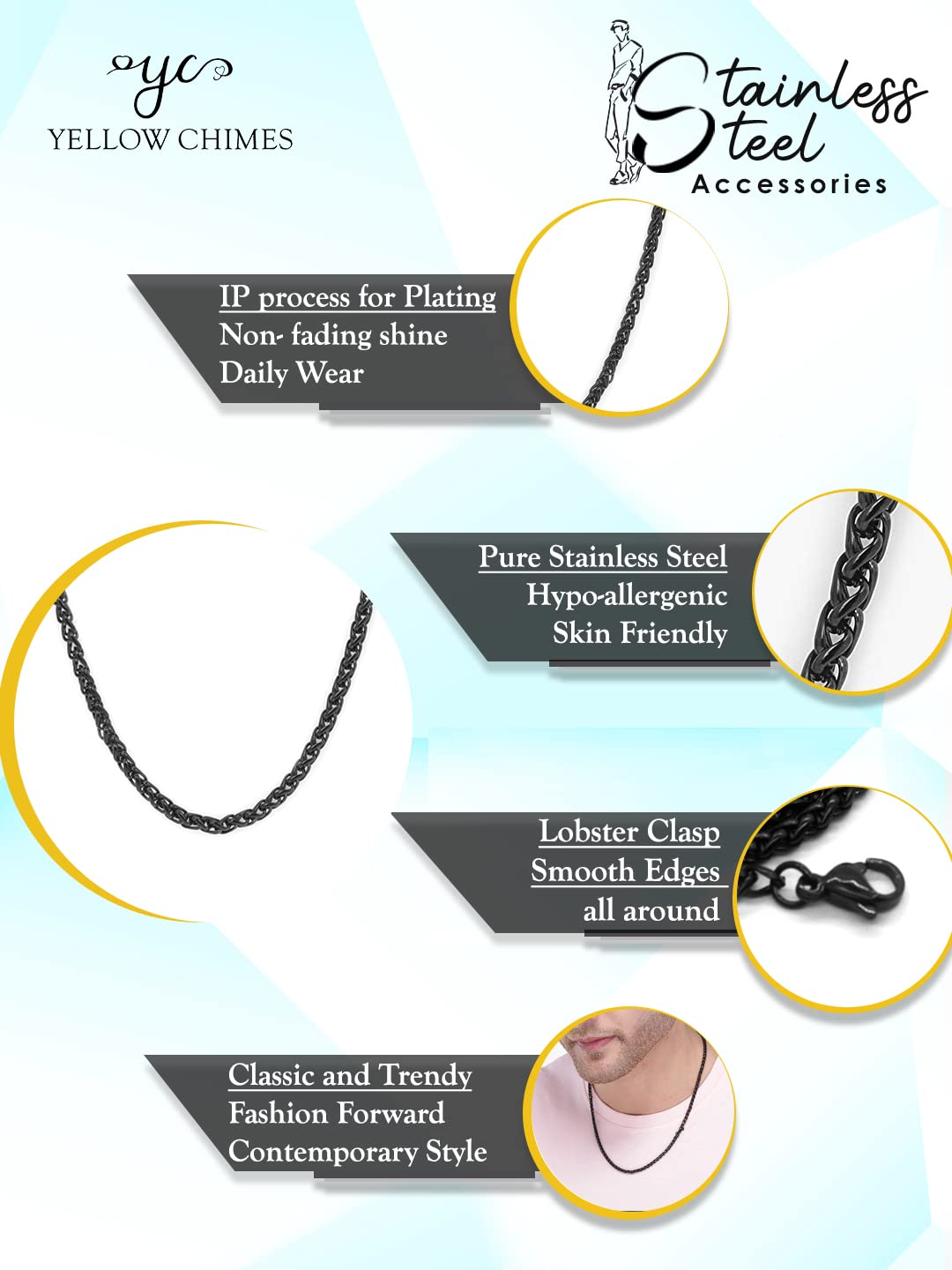 Yellow Chimes Chain for Men and Boys Black Chain Interlinked Neck Chain | Stainless Steel Chains for Men | Accessories Jewellery for Men | Birthday Gift for Men & Boys Anniversary Gift for Husband