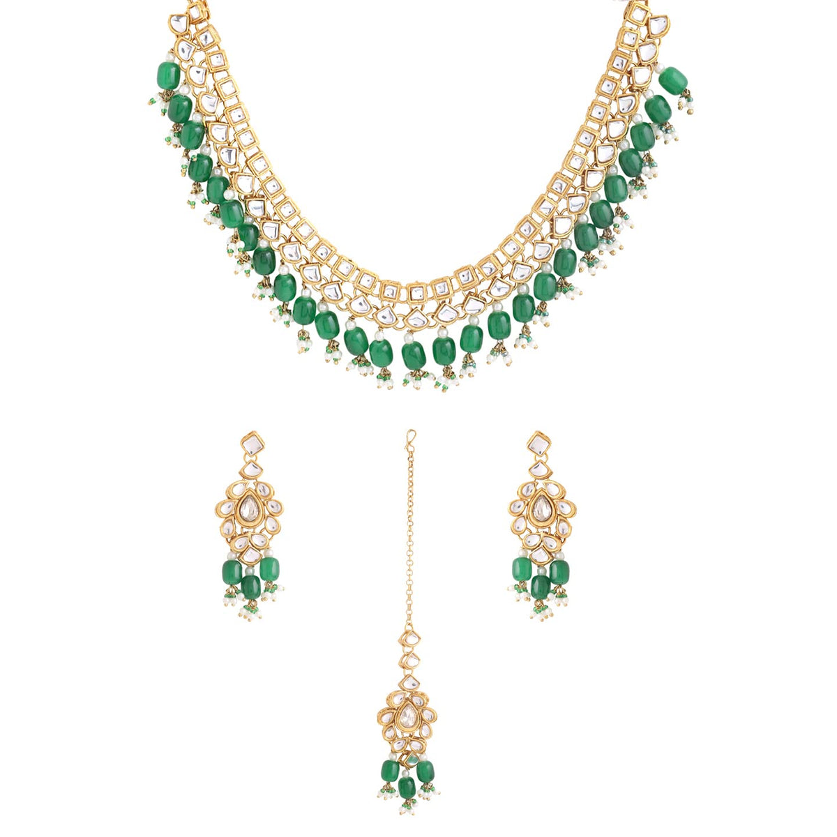 Yellow Chimes Jewellery Set for Women and Girls Kundan Necklace Set Gold Plated Kundan Studded Green Beads Drop Necklace Set | Birthday Gift for girls and women Anniversary Gift for Wife