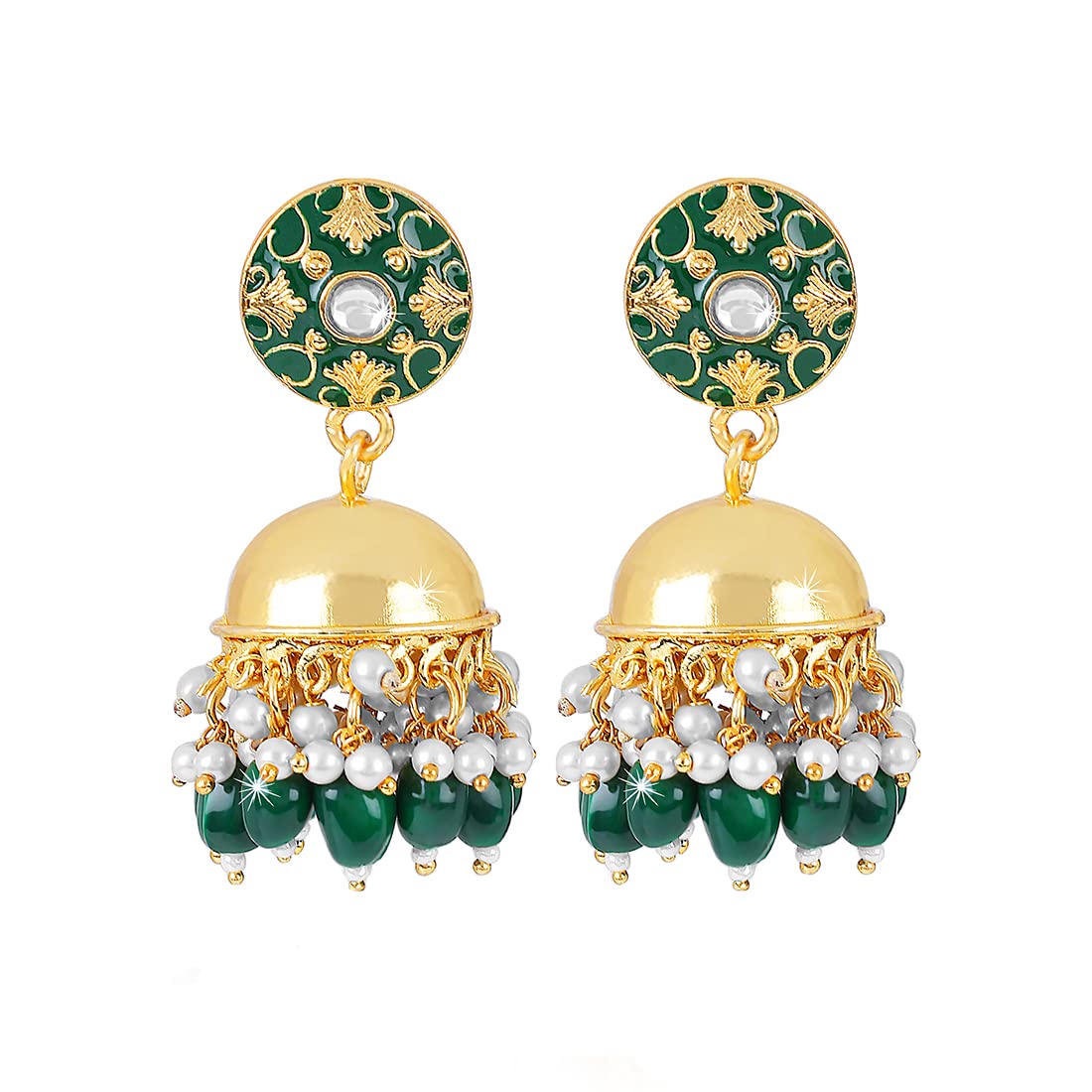 Kairangi Earrings for Women and Girls | Green Meenakari Jhumka with Pearls | Gold Plated Jhumkas | Dome Shaped Jhumki Earring | Birthday Gift for Girls and Women Anniversary Gift for Wife