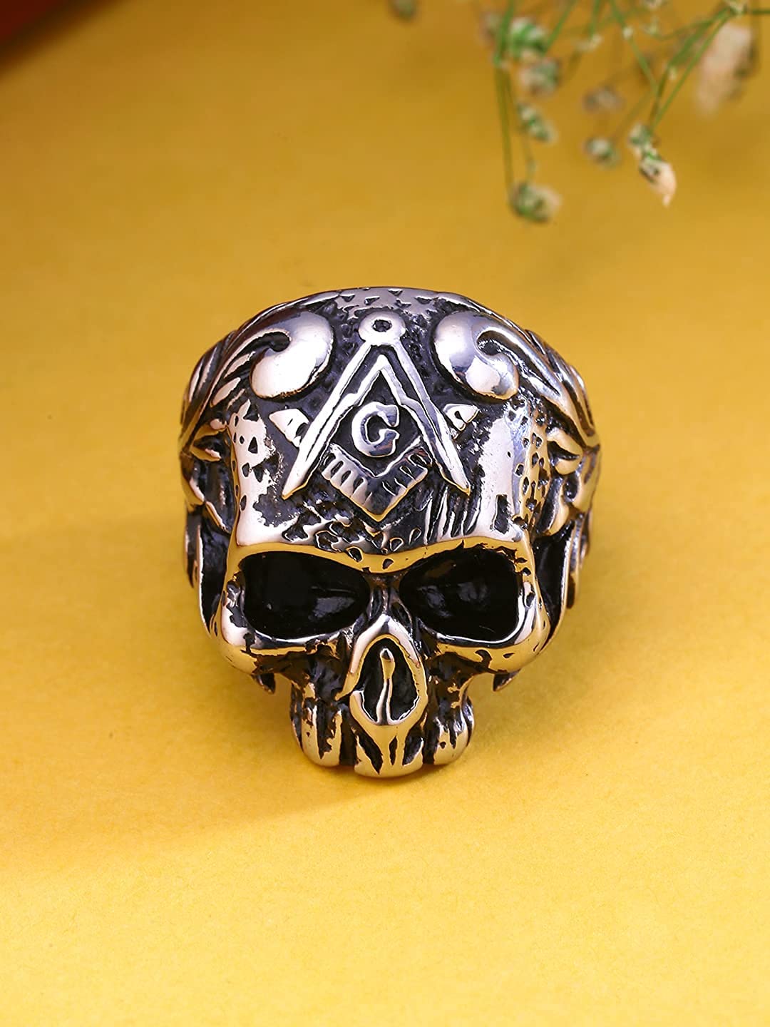 Yellow Chimes Rings for Men Stainless Steel Silver Black Skull Design Band Ring for Men and Boys.