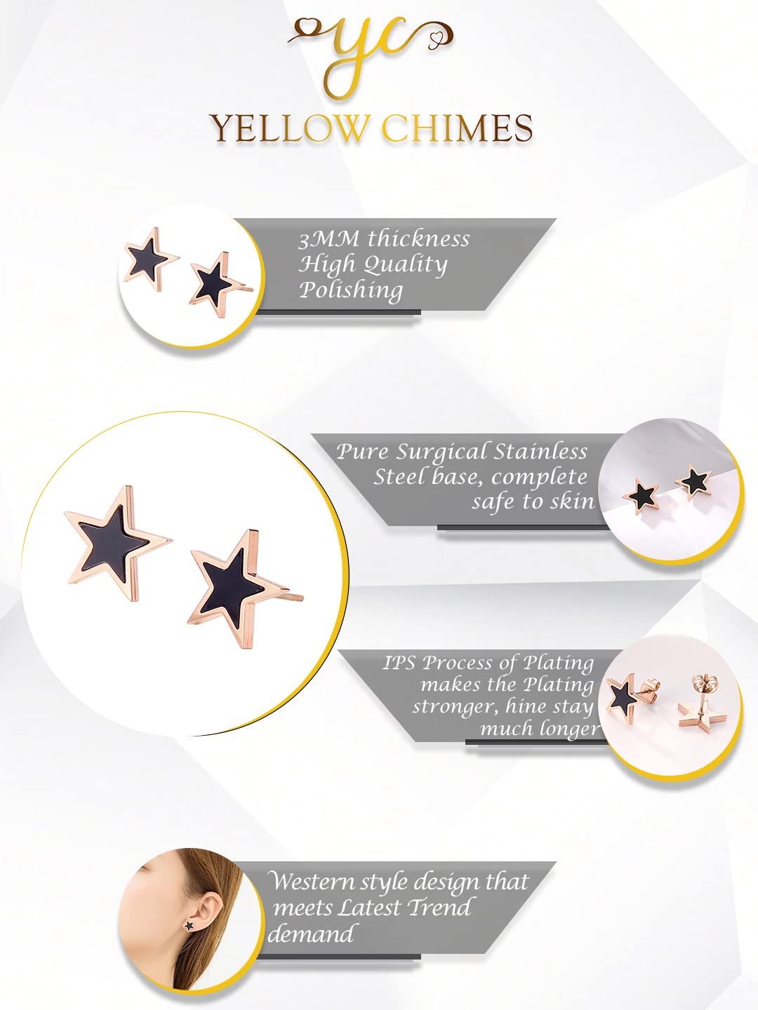 Yellow Chimes Stud Earrings for Women Western Rose Gold Plated Stainless Steel Black Star Shaped Studs Earrings For Women and Girls