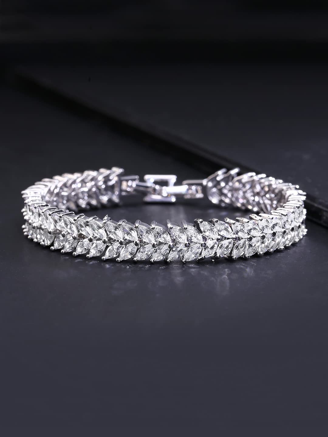 Yellow Chimes Women's Fashion Leaf Shaped Silver Tone White Swiss Zircon Crystal Bracelets Valentine Gift for Girls