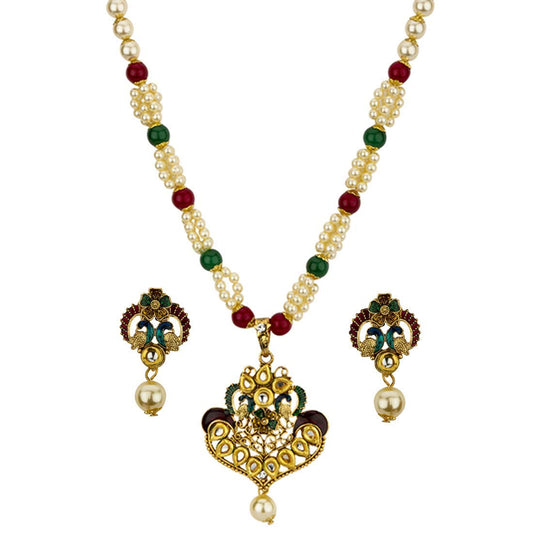 Yellow Chimes Exclusive Traditional Floral Peacock Desaign Pearl Kundan Necklace With Drop Earrings For Women