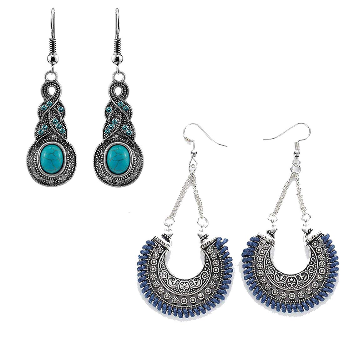 Yellow Chimes 2 Pairs Combo Bohemian Modern Fusion Oxidized silver Drop Chand Bali Earrings