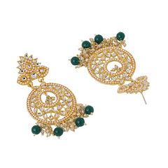 Yellow Chimes Earrings for Women and Girls Traditional Kundans Chandbali | Gold Plated Green Beads Drop Chand Baliyan Earrings | Birthday Gift for girls and women Anniversary Gift for Wife