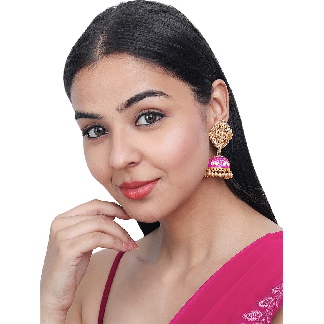 Yellow Chimes Traditional Gold Plated Pink Meenakari Kundan Studded Jhumki/Jhumka Earrings for Women and Girls, gold, pink, medium (YCTJER-393MKSQ-PK)