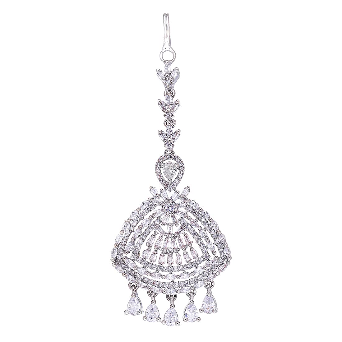 Yellow Chimes Classic AD/American Diamond Studded White Rhodium Plated Drop Crystal Design Maang Tikka for Women and Girls, Medium