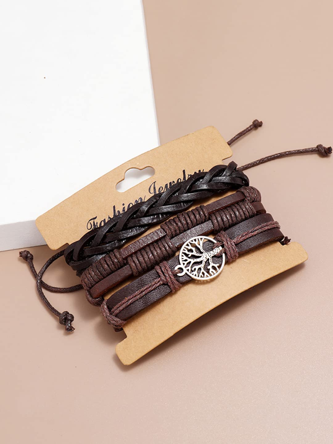 Yellow Chimes Leather Bracelet for Men Wide Brown Color Multi-Layred Leather Wrap,Charm Bracelet Set for Men and Boys