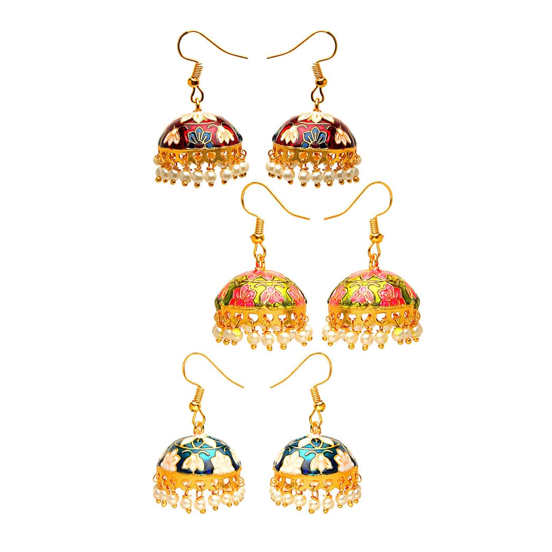 Kairangi Meenakari Jumka Earrings with Ethnic Design Gold Plated Traditional Beads Combo of 3 pair for Women and Girls