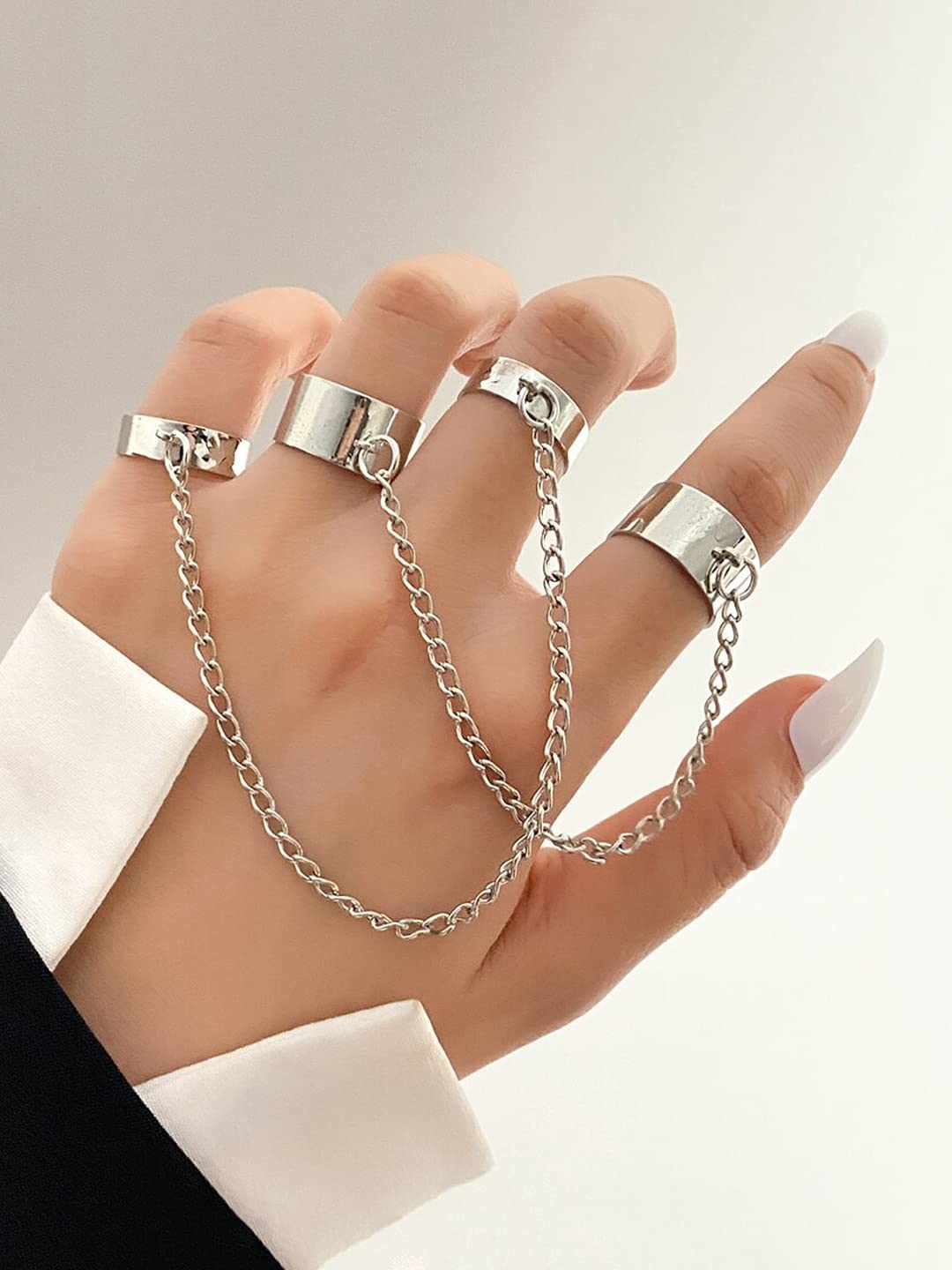 Yellow Chimes Rings For Women Silver Toned Combo Of 4 Chain Linked Cool Girls Punk Stylish Finger Rings For Women and Girls