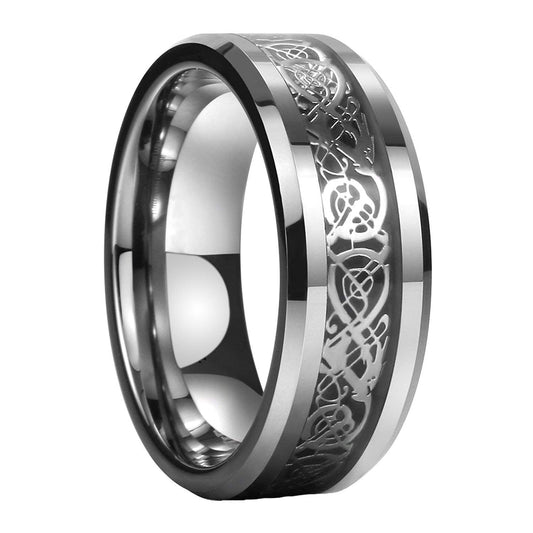 Yellow Chimes Rings for Men Dragon Celtic Inlay Polish Finish Silver Base Titanium Steel Ring for Men and Boys.