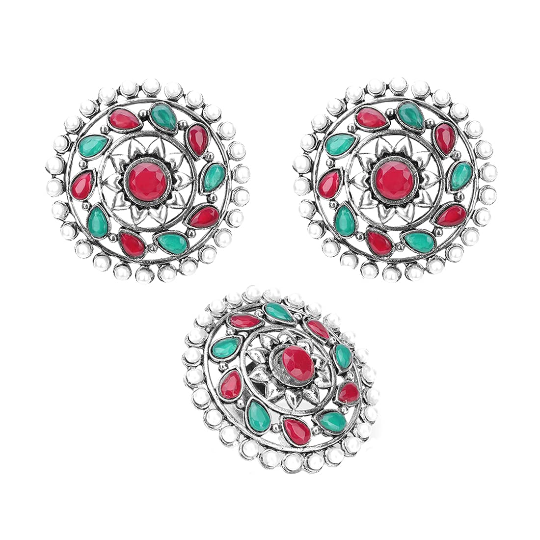 Yellow Chimes Ethnic German Silver Oxidised Multicolor Studded stones Round Traditional Stud Earrings and Ring Set for Women And Girls, Silver, Multicolor, Medium (YCTJER-89STNCIRST-MC)