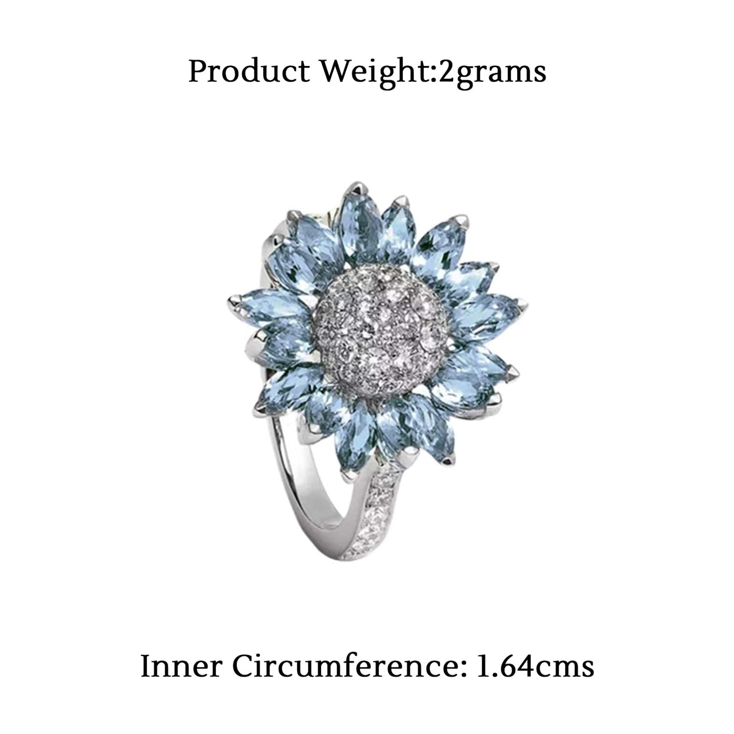 Yellow Chimes Rings for Women Floral Designed Aquamarine Blue and White Crystal Sunflower Shaped Silver Plated Rings for Women and Girl's