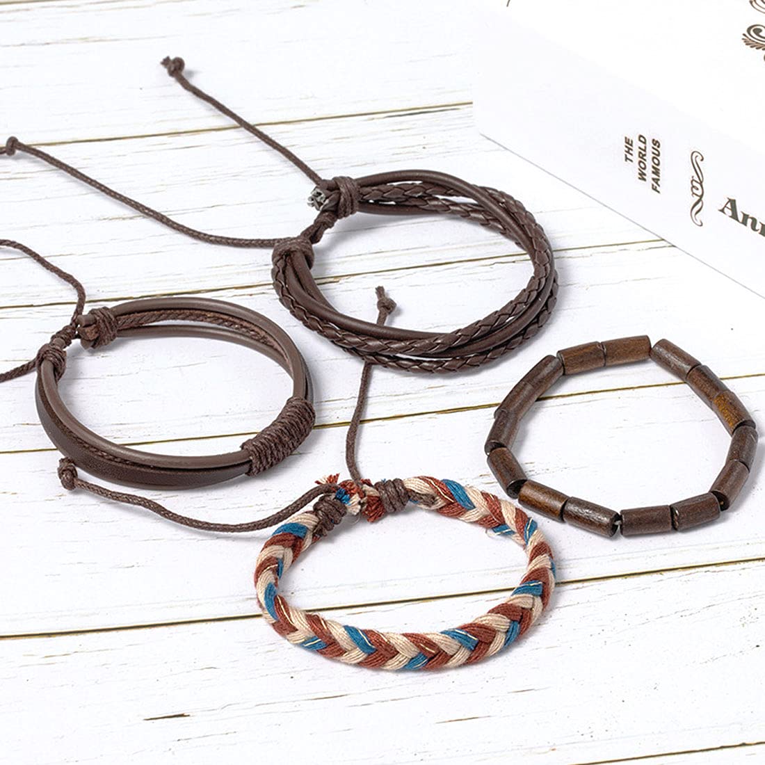 Yellow Chimes Leather Bracelet for Men 4 Pcs Combo PU Leather Brown Wrap Bracelet for Men and Women.