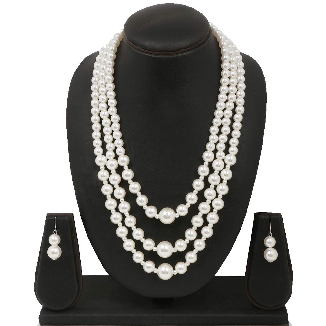 Yellow Chimes Latest Fashion White Pearl Royal Style Multilayer Necklace Set with Earrings for Women & Girls