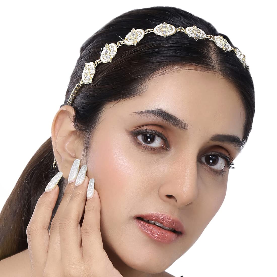 Yellow Chimes Head Chain for Women Traditional Headband Gold Plated Kundan Studded Hairband Matha patti Jewellery Necklace for women and Girls