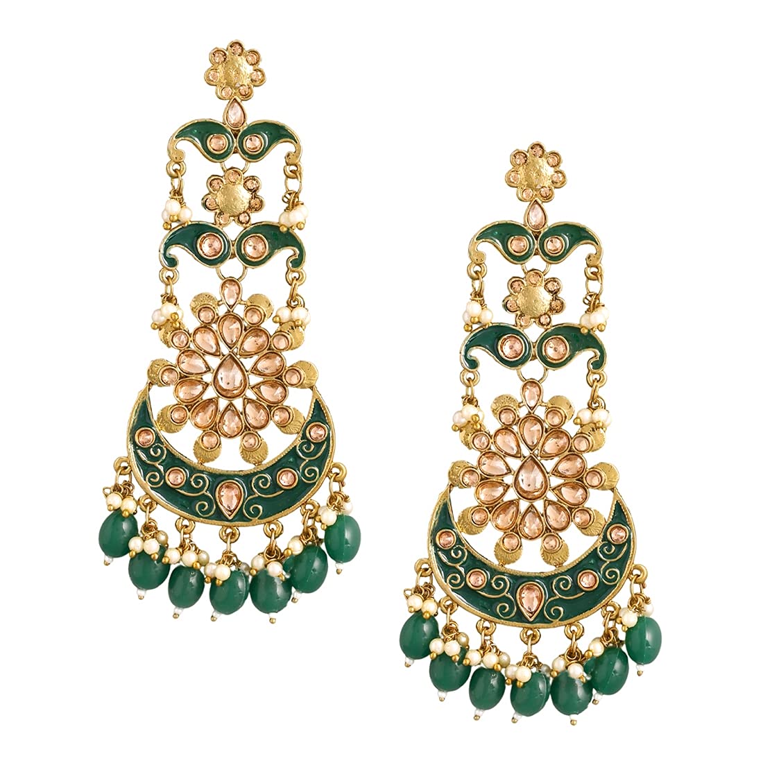 Yellow Chimes Danglers Earrings for Women Gold Plated Green Meenakari Traditional Kundan Floral Long Chandbali Earrings for Women and Girls