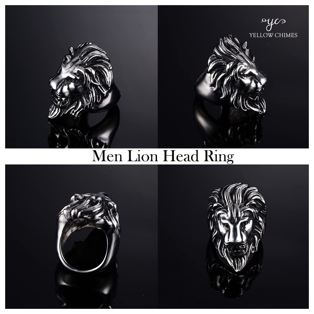 Yellow Chimes Rings for Men Lion Head Ring 316 Stainless Steel Never Fading Silver Ring for Men and Boys.