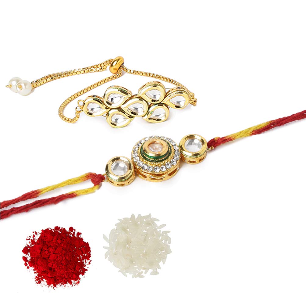 Yellow Chimes Rakhi for Brother and Bhabhi Gold Plated Kundan Bhaiya Bhabhi Rakhi Set Handmade Dori Worked Rakhi Combo of 2 PCs Men Rakhi Bracelet With Roli & Chawal