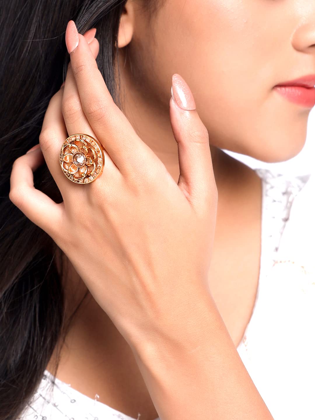 Yellow Chimes Ring for Women Gold Toned Floral Deisgned Crystal Studded Adjusatble Ring for Women and Girls