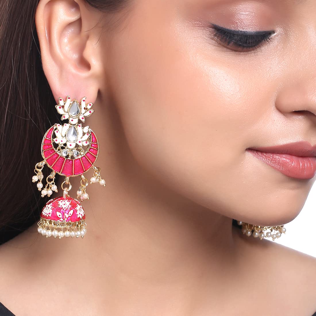 Yellow Chimes Jhumka Earrings for Women Gold Plated Traditional Pink Meenakari Lotus Chandbali Jhumka Earrings for Women and Girls