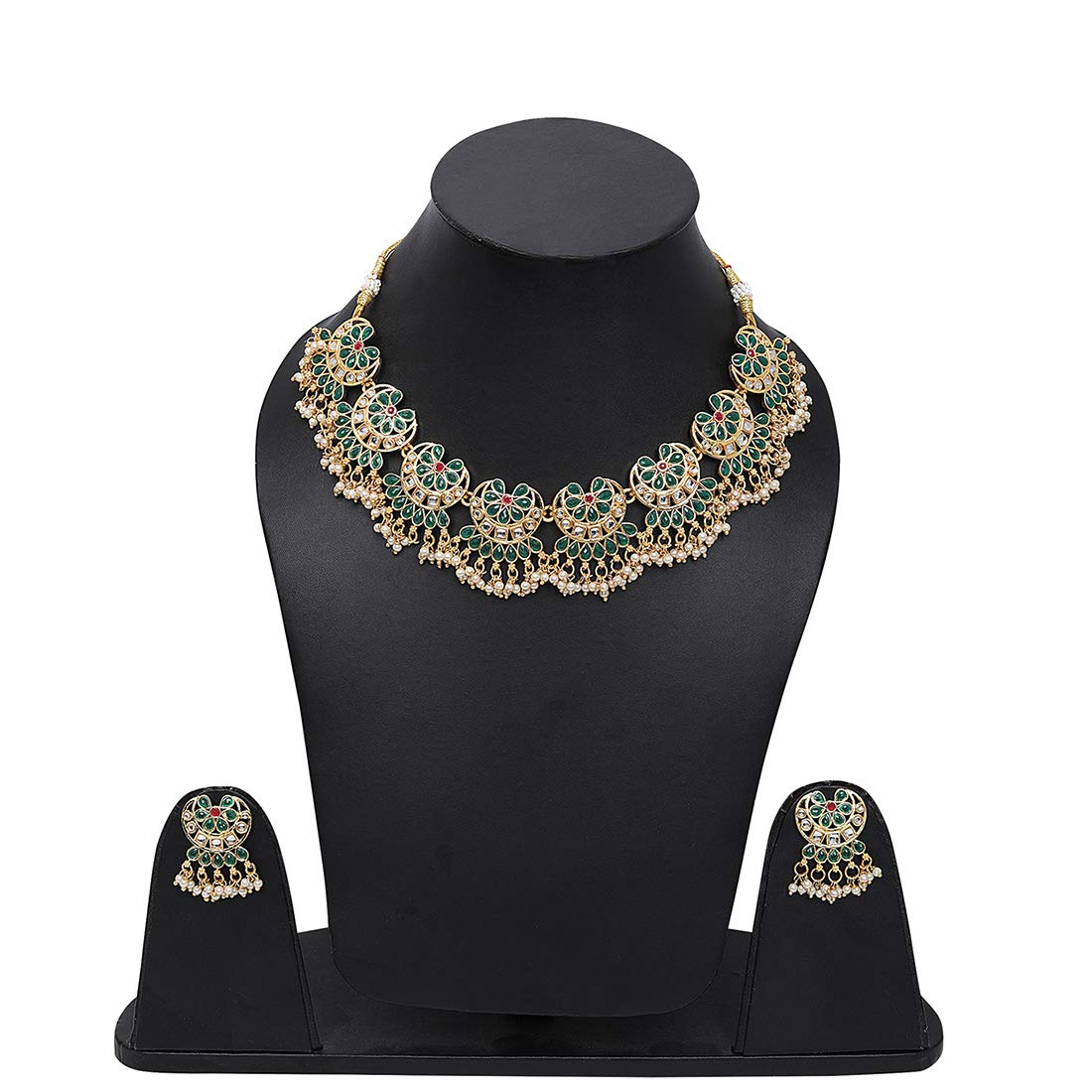 Yellow Chimes Ethnic Handcrafted Green Beads Floral Kundan Jewellery Set Gold Plated Traditional Choker Necklace Set for Women and Girls (Green, Gold)