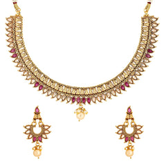 Yellow Chimes Jewellery Set for Women Gold Toned Floral Designed White and Red Crystal Studded Choker Necklace Set with Earrings for Women and Girls