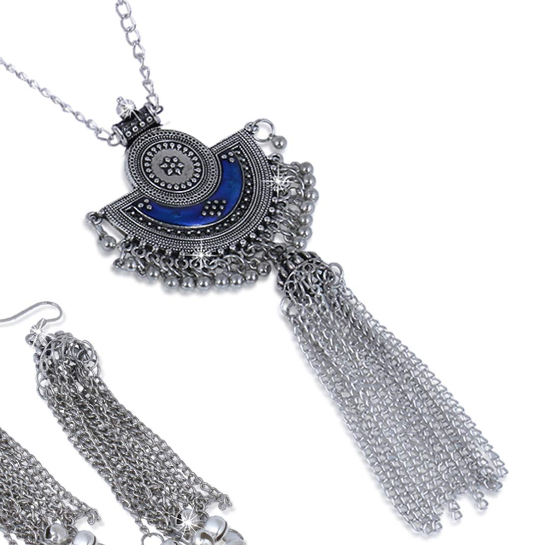 Yellow Chimes Stylish Crafted Royal Blue Meenakari Oxidized Silver Necklace Set with Earrings Oxidized Jewellery Sets for Women and Girls