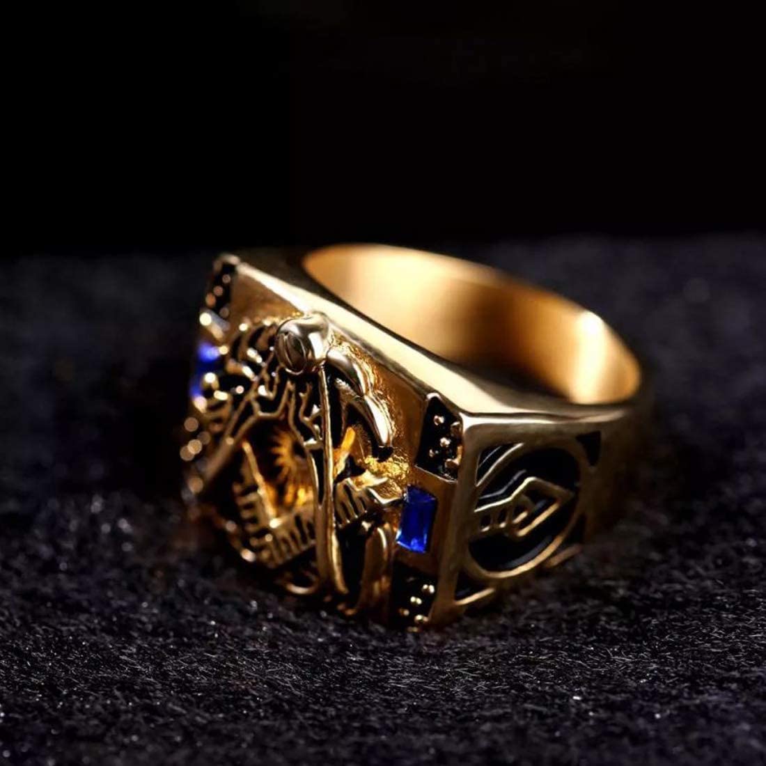Yellow Chimes Rings for Men Antique AG Masonic Logo Religious Freemason Symbol with Blue Stone Stainless Steel Ring for Men & Boys