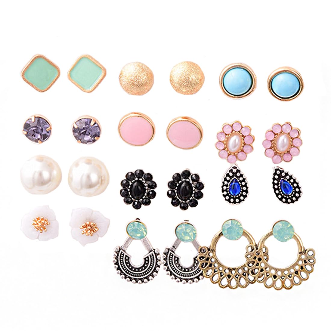 Kairangi Stud Earrings for Women Set of 12 Pairs Multicolor Stones Colourful Combo Stud Earrings For Women and Girls