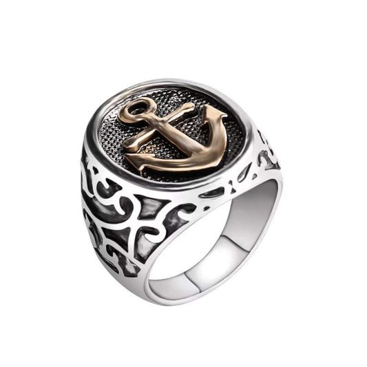 Yellow Chimes Stylish Hollow Engraved Vintage Men Anchor Design Retro Stainless Steel Rings for Men and Boy's