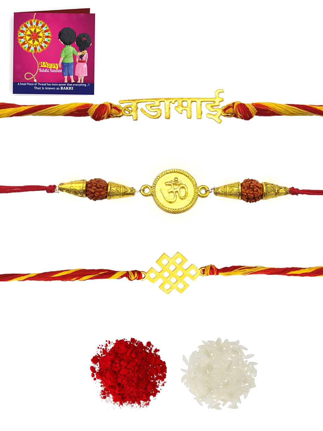 Yellow Chimes Combo of 3 Pcs Handmade Dori Worked Gold Toned OM Bada Bhai and Celtic Design Rakhi for Brother with Roli & Chawal, Red, Gold, Medium (YCTJRK-18BHAY-GL) for Men