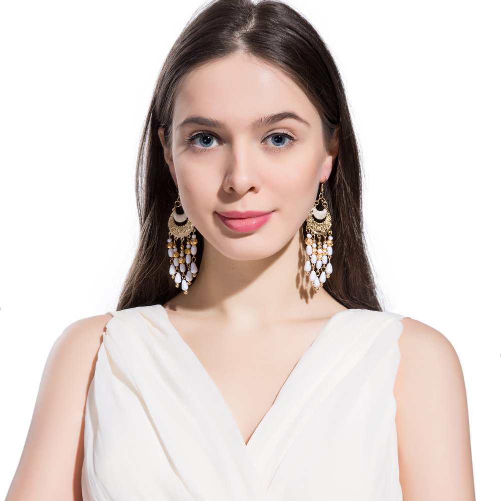 Yellow Chimes White Beads Dangle Earrings for Women and Girls