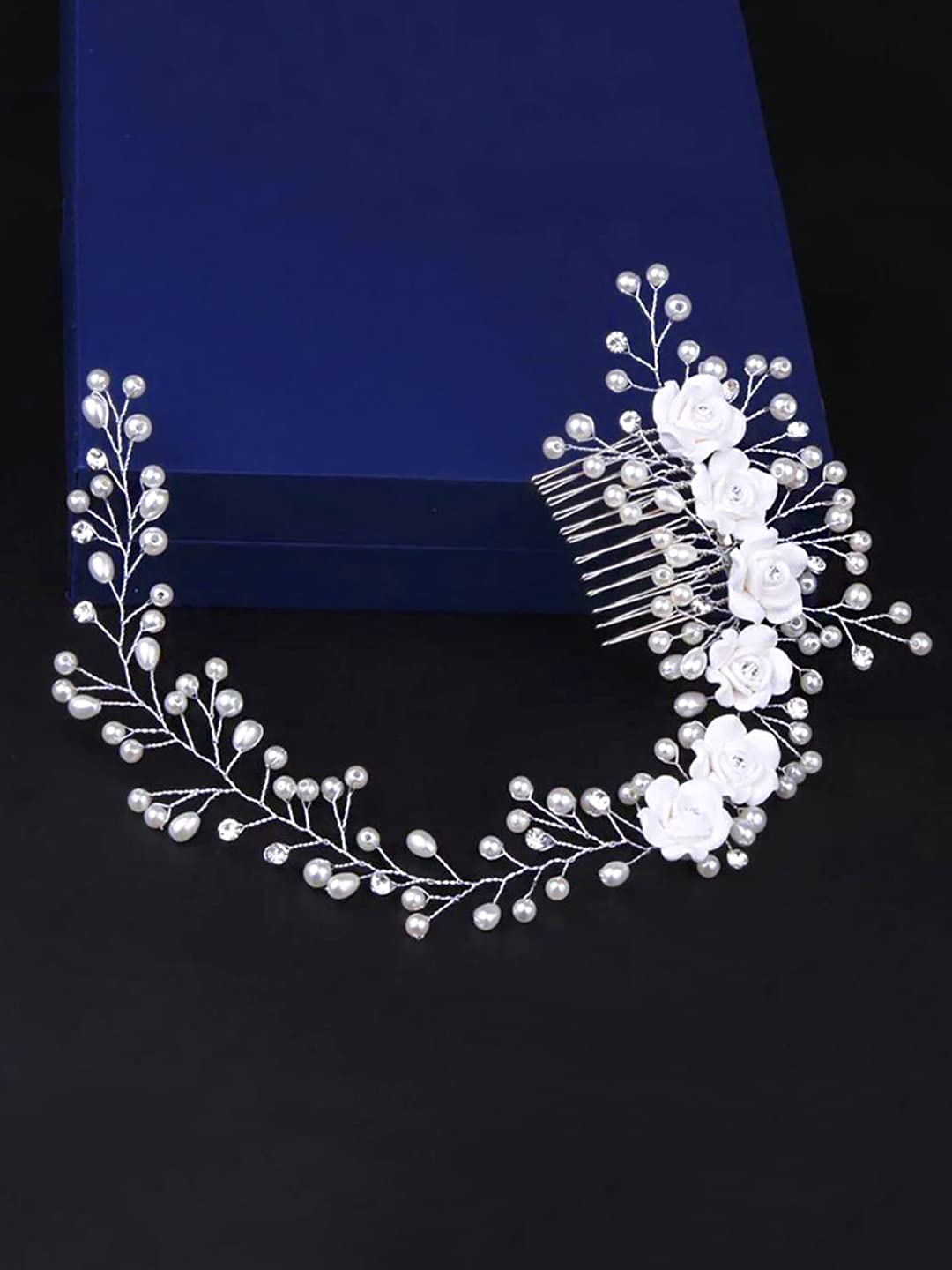 Yellow Chimes Bridal Hair Vine for Women and Girls Bridal Hair Accessories for Wedding White Headband Hair Accessories Wedding Jewellery for Women Floral Pearl Bridal Wedding Head band Hair Vine for Girls