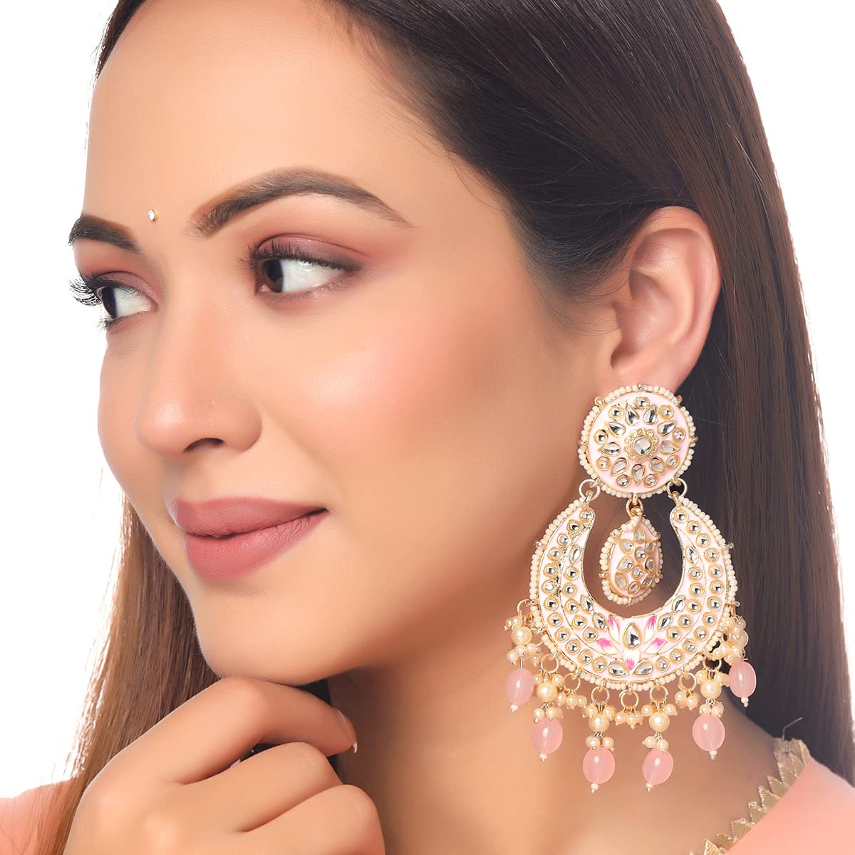 Yellow Chimes Earrings for Women and Girls Traditional Meenakari Chandbali | Gold Toned Pink Meenakari Chandbali Earrings | Birthday Gift for girls and women Anniversary Gift for Wife