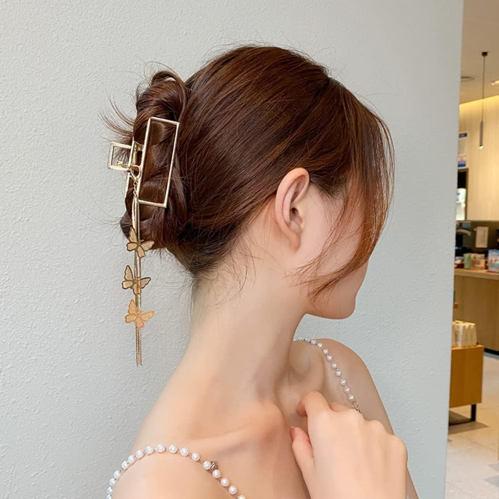 Yellow Chimes Hair Clip for Women Gold Toned Cluthers Long Hair Claw Clip with Hanging Butterfly Charm Hair Clutch for Women and Girls