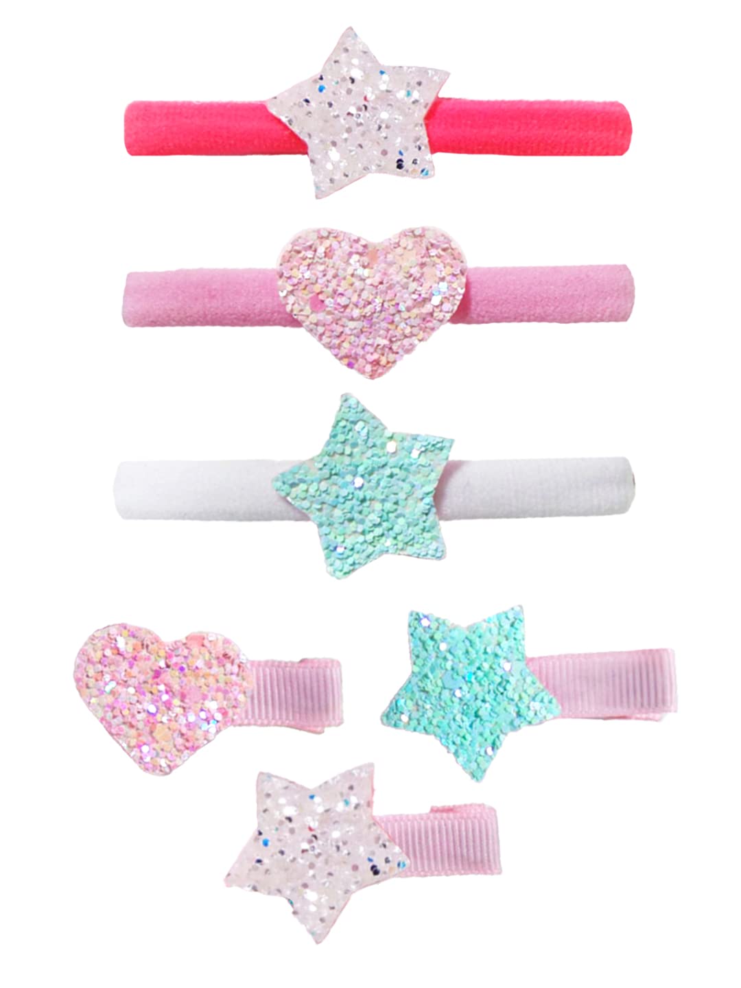 Melbees by Yellow Chimes 6 pcs Hair Clips Hair Band for Kids with Glittering Star Heart Charms Hair Accessories Pretty Snap Hairpins Hair Ties for Kids Girls (Pack of 6), Multi-Color, Medium (YCHACLRB-KD004-MC)