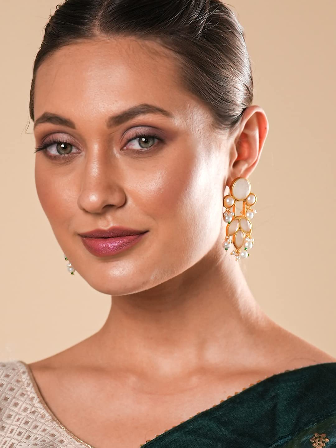 Yellow Chimes Danglers Earrings for Women Traditional Gold Plated Studded White Stone Ethnic Dangler Drop Earrings for Women and Girls