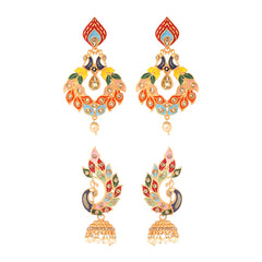 Kairangi Earrings for Women and Girls | Muticolor Meenakari Drop | Gold Plated Earring Set | Peacock Shaped Jhumki Combo Earrings | Birthday Gift for Girls and Women Anniversary Gift for Wife
