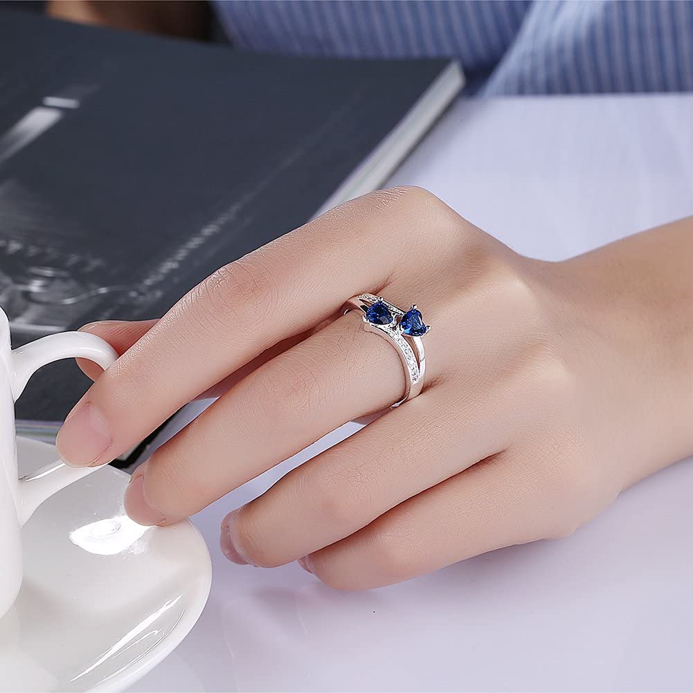 Yellow Chimes Rings for Women Valentines Special Dual Heart Adjustable Ring Silver Plated Blue Crystal Ring for Women and Girls.