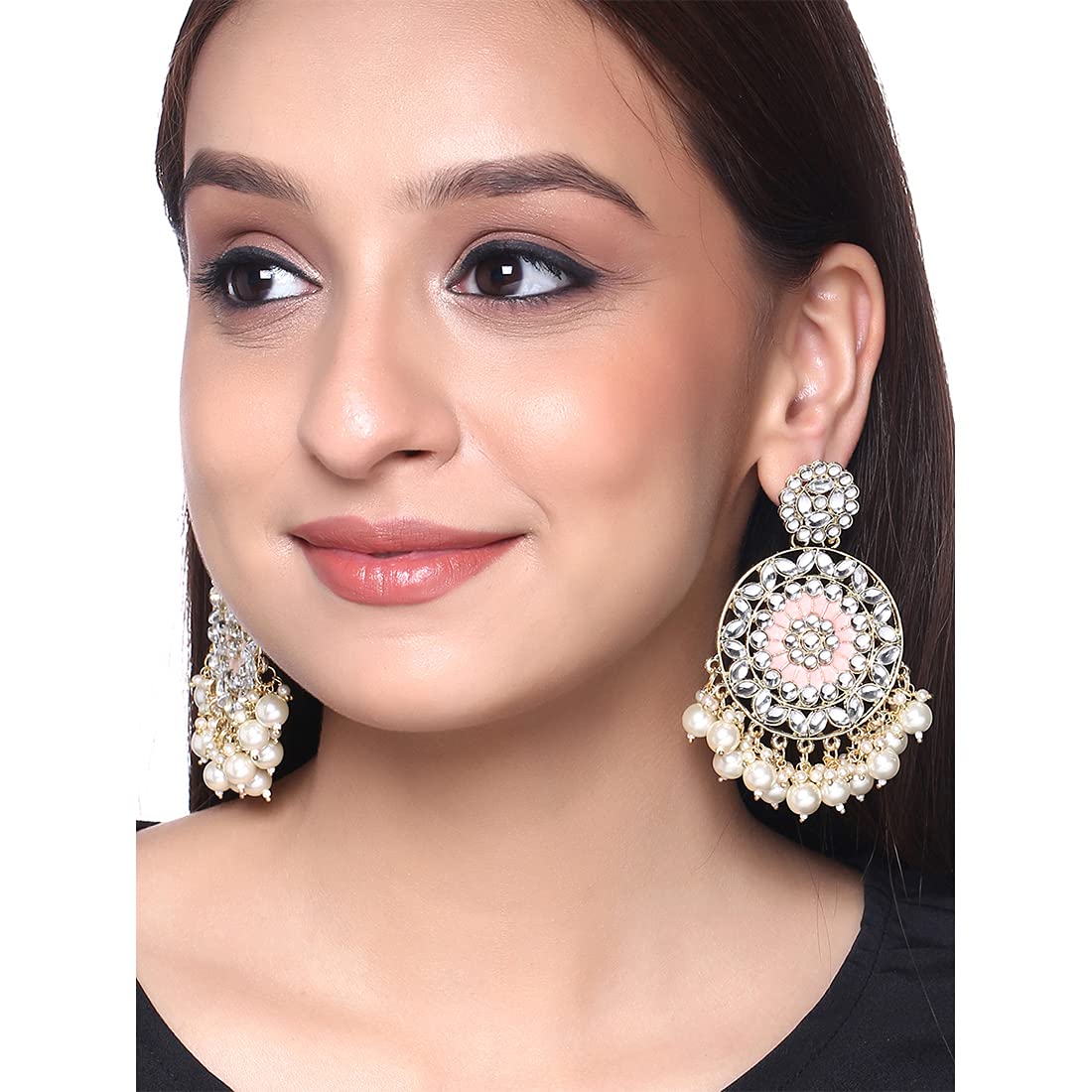 Yellow Chimes Ethnic Gold Plated White Meenakari Touch Traditional Kundan Studded Round Design Pearl moti Dangler Earrings for Women and Girls, Gold, White, Medium (Model: YCTJER-82KUDCR-WH)