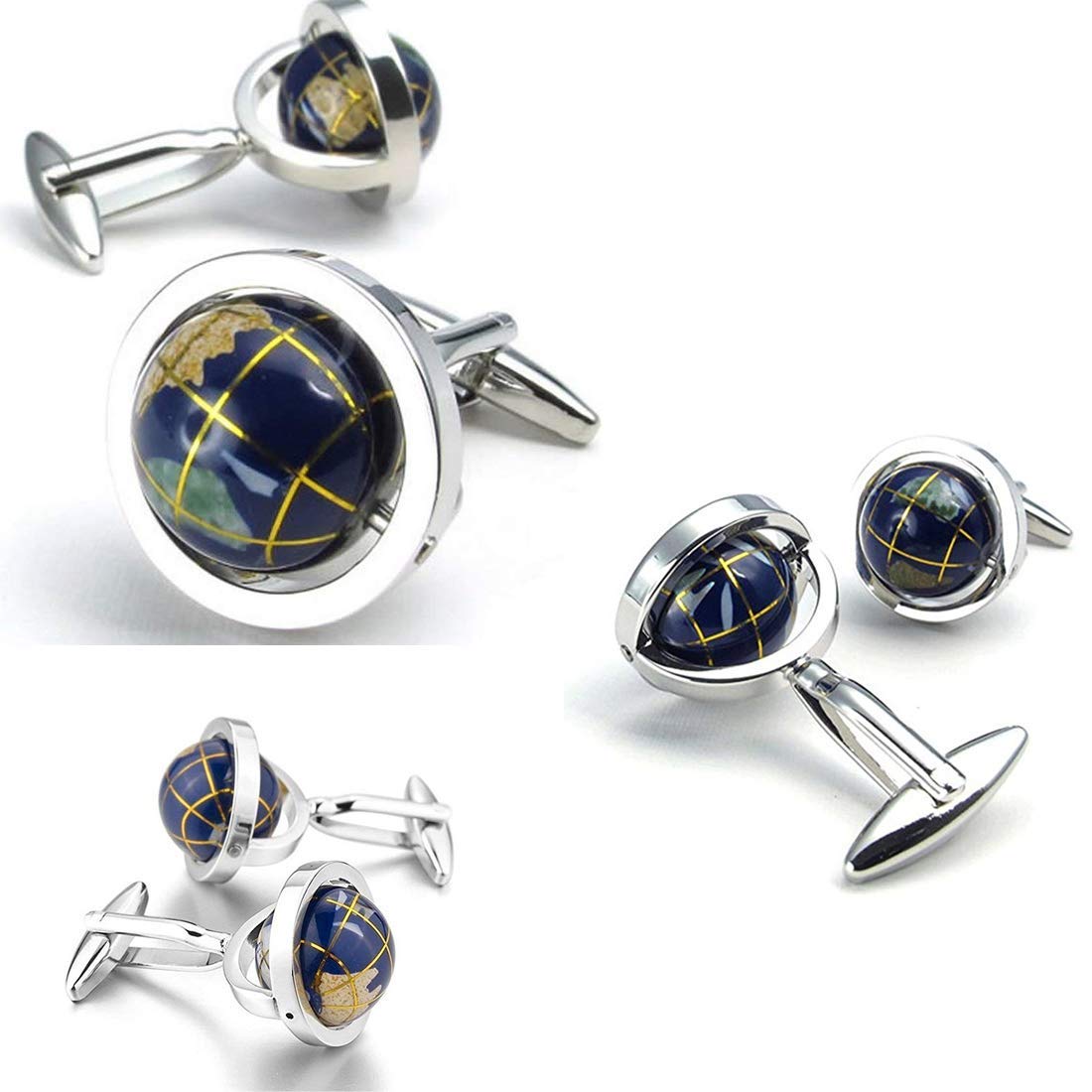 Yellow Chimes Cufflinks for Men and Boys Blue Cuff links | Formal Stainless Steel Unique Spin-Able Earth Globe Blue Cufflink | Birthday Gift for Men and Boys Anniversary Gift for Husband