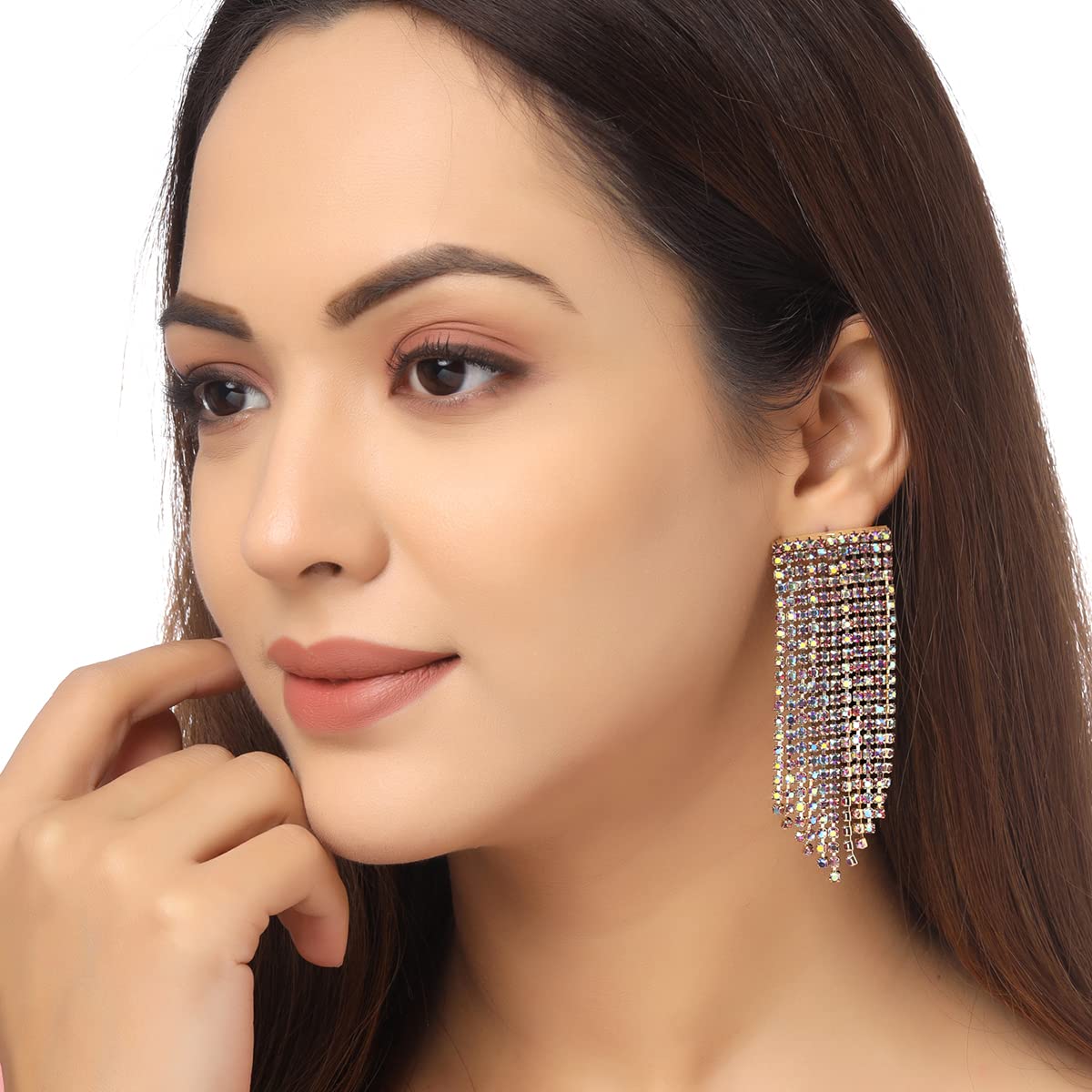 Yellow Chimes Earrings For Women Gold Toned Sparkling Crystal Studded Linear Chain Dangling Earrings For Women and Girls